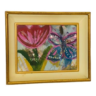 Original Abstract Mini Painting With Butterfly in Brass Frame by EliaRlia For Sale
