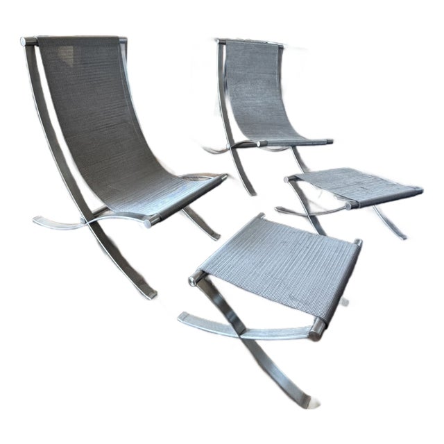 Modern Indoor/Outdoor Metal Sling Lounge Chairs With Ottomans, a Modern Pair For Sale
