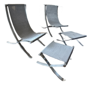 Modern Indoor/Outdoor Metal Sling Lounge Chairs With Ottomans, a Modern Pair