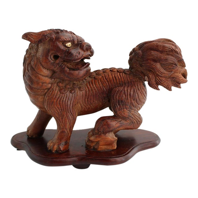 Antique Japanese Wood Shishi Foo Dog Lion Okimono Meiji Taisho Inlaid Eyes 10.5” For Sale