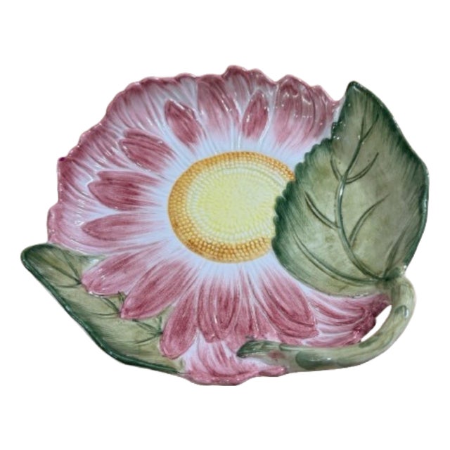 Vintage Tiffany Majolica Flower Shaped Dish in the Style of Mottahedeh Made in Italy Signed For Sale