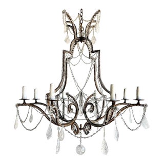 Mid-Century Modern Wrought Iron & Rock Crystal Chandelier For Sale