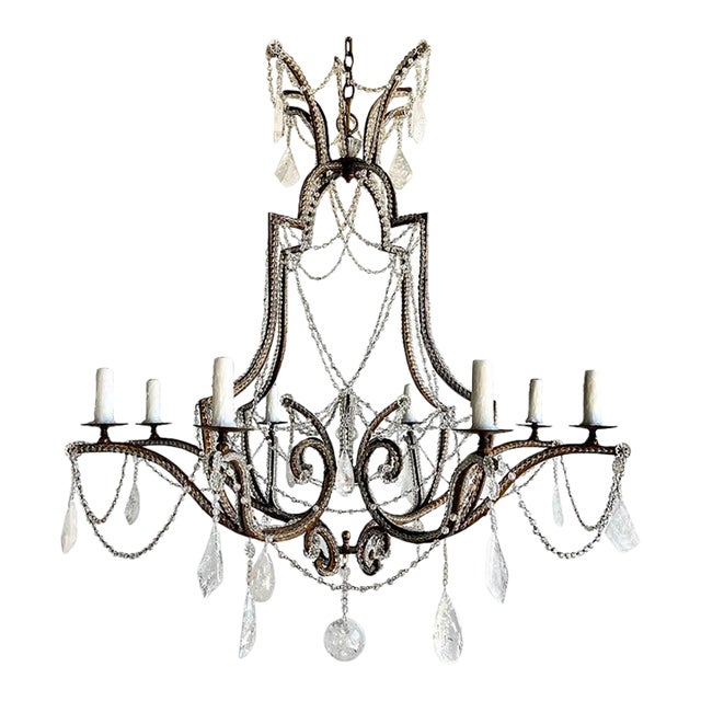 Mid-Century Modern Wrought Iron & Rock Crystal Chandelier For Sale