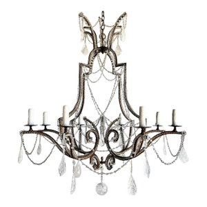 Mid-Century Modern Wrought Iron & Rock Crystal Chandelier