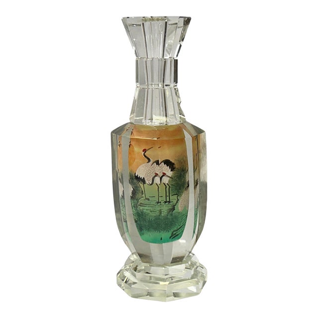 Chinese Inside Oriental Scenery Cranes Graphic Glass Art Vase Bottle For Sale