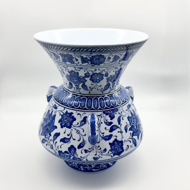 Handmade Ceramic “Kandil” Vase (30cm) Authentic Ottoman Oil Lamp with Triple Handles – Blue & White Urn Centerpiece For Sale - Image 9 of 10