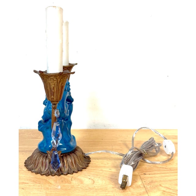 Early 20th Century French Belle Époque Chinoiserie Foo Dog Candelabra Lamp, Turquoise Flambé For Sale In West Palm - Image 6 of 11