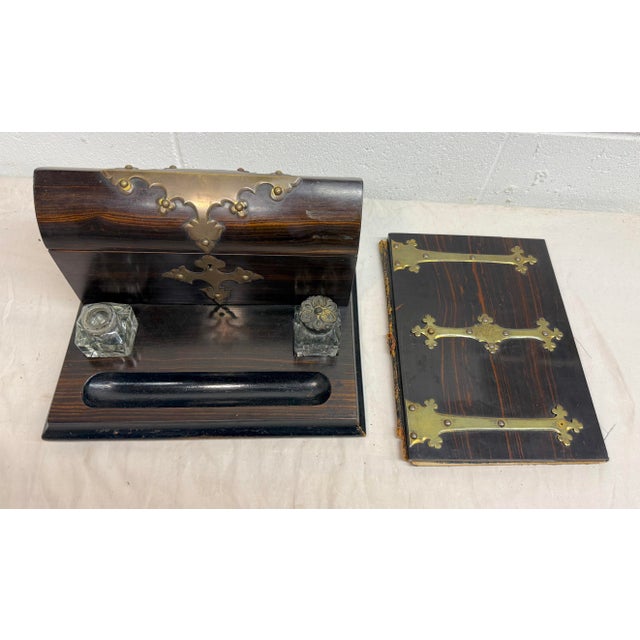 19th Century Antique 19th Century Brass Wood English Inkwell Letter Pen Stand Writing Book For Sale - Image 5 of 14