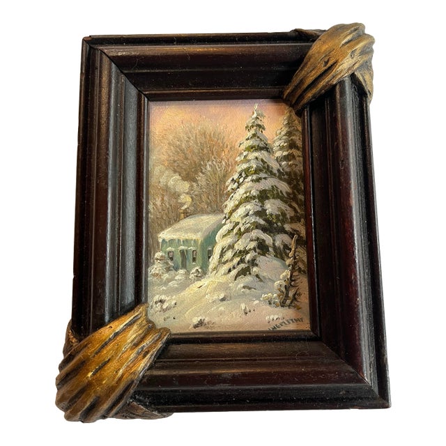 1990s Oil on Board Snowy Evergreens by a Country House Painting For Sale