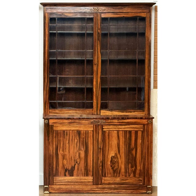 Wood English Two-Tiered Glass Front Bookcases of Figured Wood - Two Available For Sale - Image 7 of 17