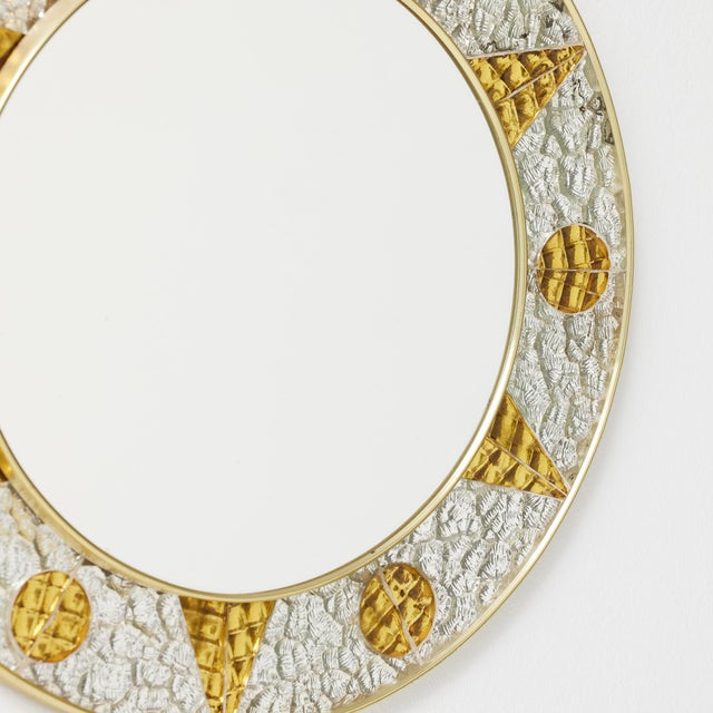 Wood French Circular Mirror with Embossed Geometric Metal Frame, 1960s For Sale - Image 7 of 17