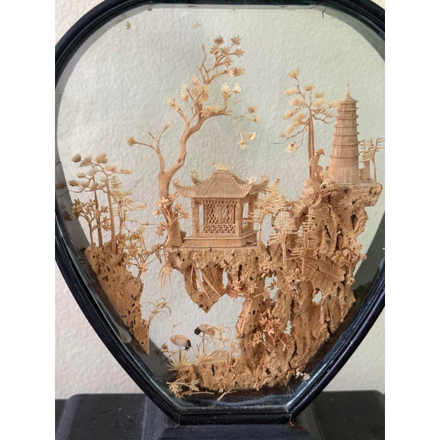 Beautiful vintage one of a kind handmade Chinese cork diorama in a rare vase shape. Black lacquer shadow box encompasses a...