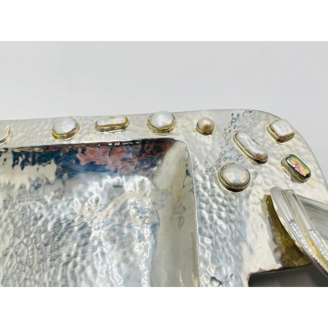1980s Emilia Castillo Silver-Plated Serving Tray With Fish Handles & Abalone Inlay For Sale - Image 17 of 18