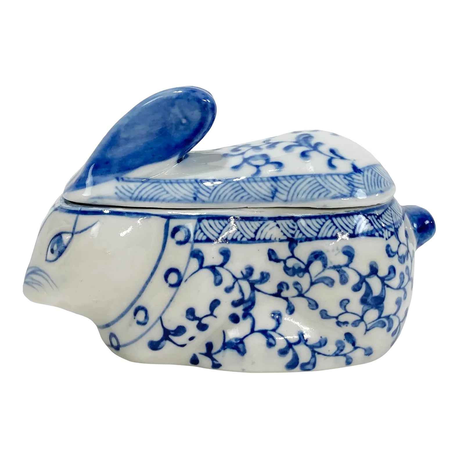 Vintage Blue and White Floral Bunny Rabbit Lidded Ceramic Box | Chairish