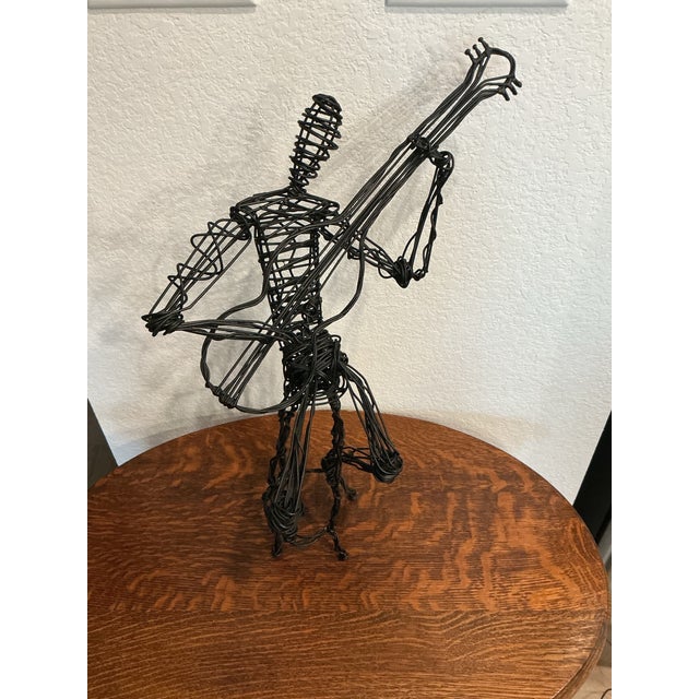 Contemporary Seated Band Player Black Wire Metal Art Sculptures For Sale - Image 4 of 7