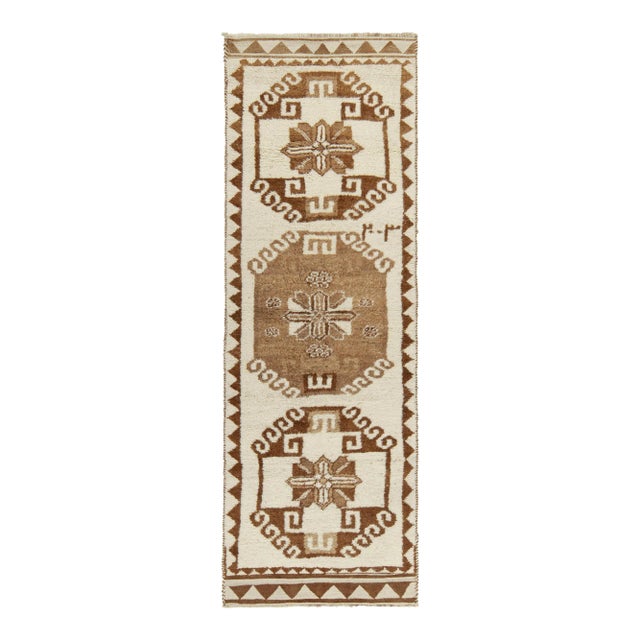 Vintage Tribal Runner in White & Beige-Brown Geometric Patterns For Sale