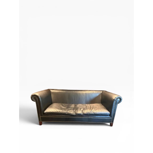 1990s 1990s Ralph Lauren Vintage Brompton Distressed Leather Sofa, English Cowhide & Custom Wool Cushions Cushions For Sale - Image 5 of 14