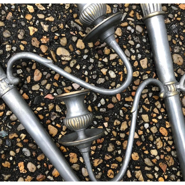 Mid 20th Century Cast Metal Two Arm Torchiere Flame Torch Candle Wall Sconces - a Pair For Sale - Image 4 of 7