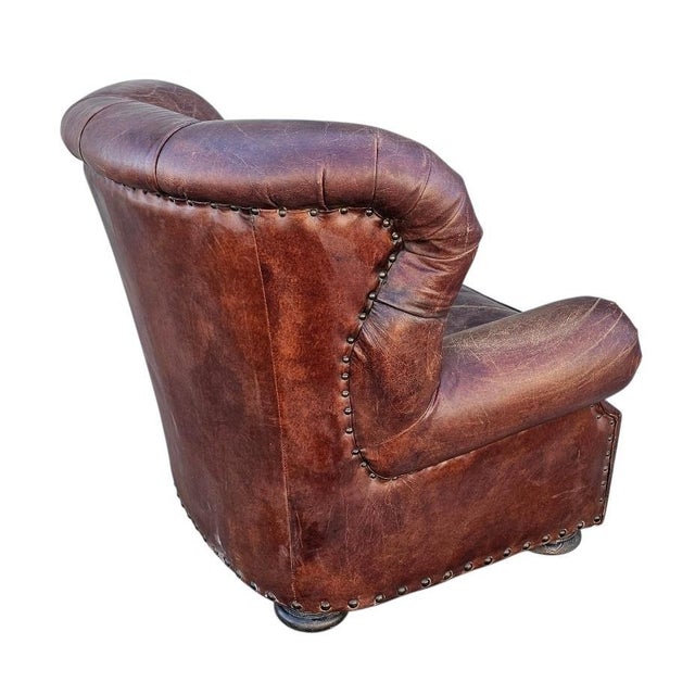 Mid-Century Modern Restoration Hardware Churchill Tufted Leather Armchair For Sale - Image 3 of 18