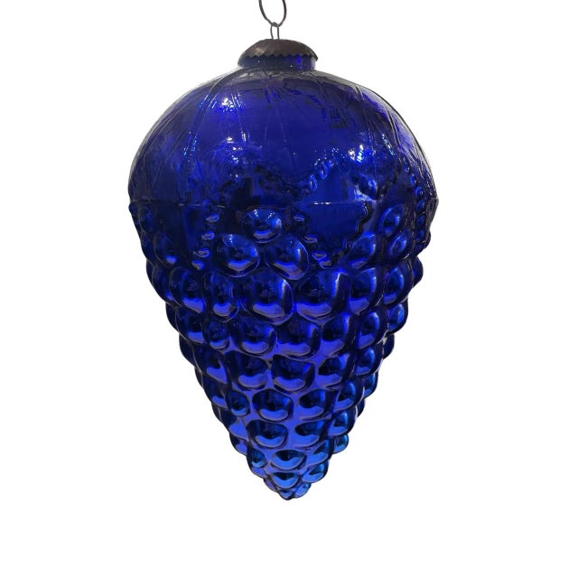 Large Vintage Cobalt Blue Glass Kugel Style Ornament With Brass Cap For Sale - Image 11 of 12