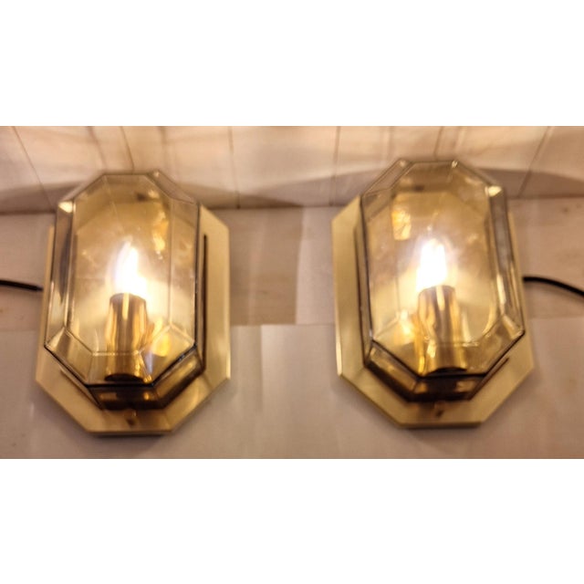 Vintage German Wall Lamps with Brass Frames and Tinted Crystal Glass Shades from Limburg, 1970s, Set of 2 For Sale - Image 3 of 8