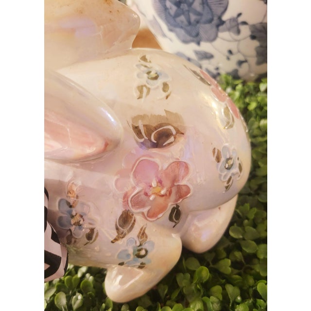 Antique White Vintage Ceramic Raised Floral Black White Bow Tie Bunny Rabbit Statue Room Decor For Sale - Image 8 of 9