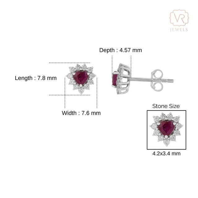 Heart-Cut Ruby & Diamond Floral Halo Stud Earrings in 14k White Gold- A Pair For Sale - Image 10 of 14