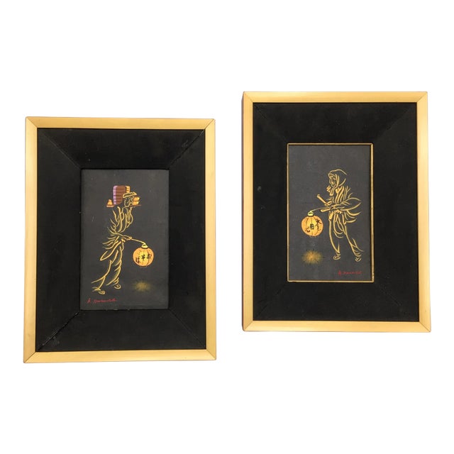 Signed and Framed Mid-Century Asian Miniature Paintings - a Pair For Sale