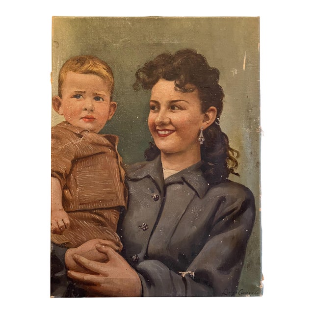 Italian Mid-Century 1940s Signed Oil Portrait of a Mother and Child For Sale