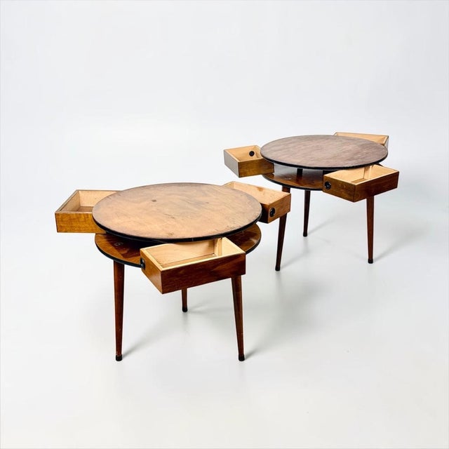 This pair of Italian round side tables from the 1950s–1960s combines sculptural geometry with an unusually intelligent...
