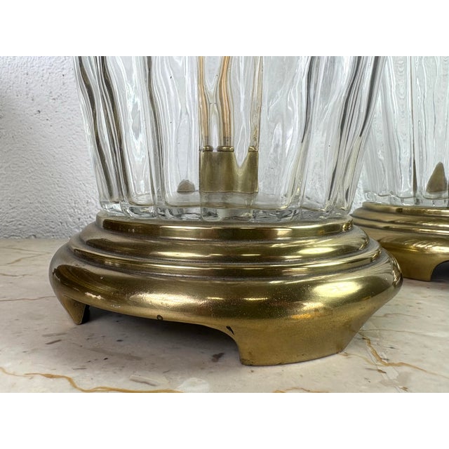 Brass 1990s Frederick Cooper Hand Blown Glass and Brass Table Lamps/a Pair For Sale - Image 8 of 9