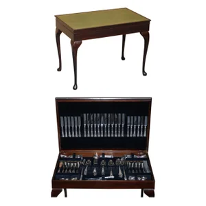 Green Leather Cutlery Table with Silver Plated Cutlery