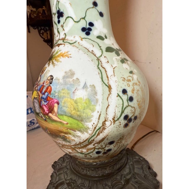Huge 1800s Antique Ornate French Hand Painted Porcelain Bronze Kerosine Oil Lamp For Sale - Image 14 of 18