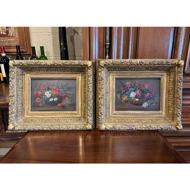 Late 19th Century Pair of 19th Century French Still Life Floral Paintings in Carved Gilt Frames For Sale - Image 5 of 11
