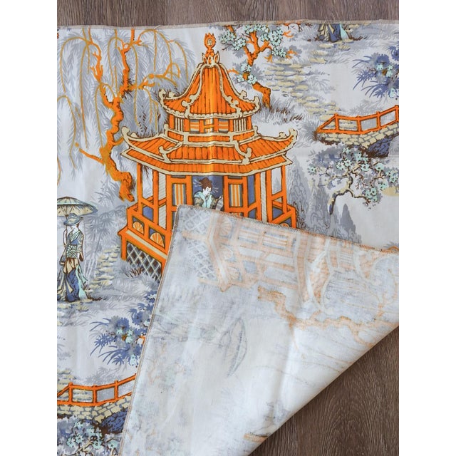 Mid 20th Century Orange Gray Chinoiserie Pagoda Fabric For Sale In Seattle - Image 6 of 6