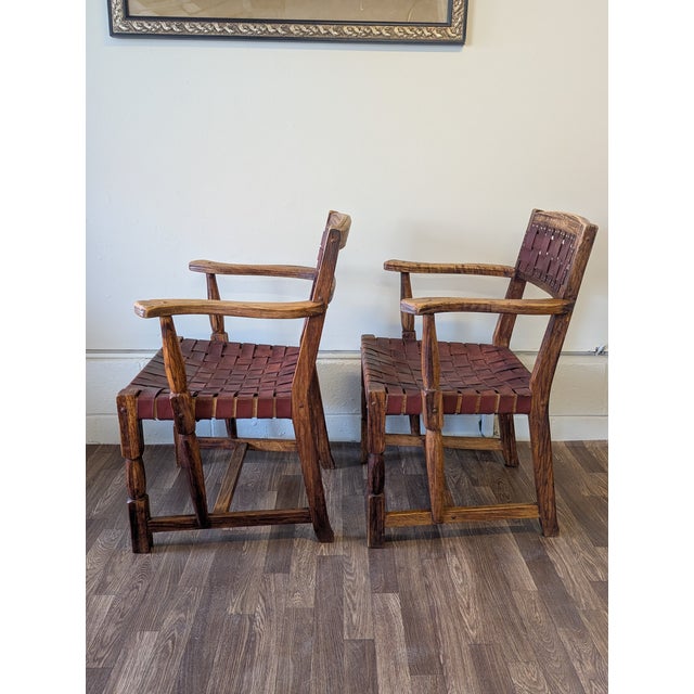 Set of Six (6) Attributed to A. Brandt Ranch Oak Leather Strap Dining Chairs For Sale - Image 11 of 13