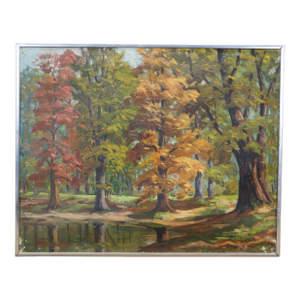 Late 20th Century Vintage Autumn Forest Trees Landscape Oil Painting on Canvas 20"