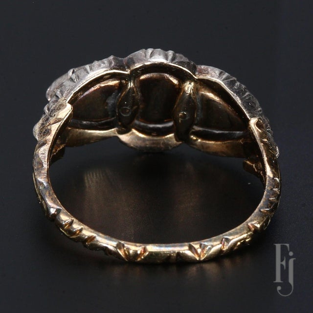 Mid-Century Modern Antique 14k White & Yellow Gold Three Stone Diamond Ring - Size 5.75 For Sale - Image 3 of 6