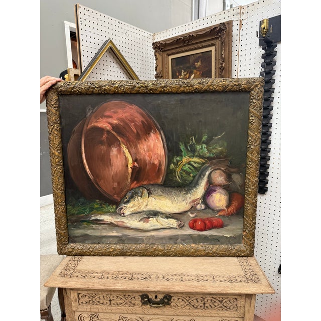 French Antique Vintage French Fish Still Life Oil Painting For Sale - Image 3 of 3
