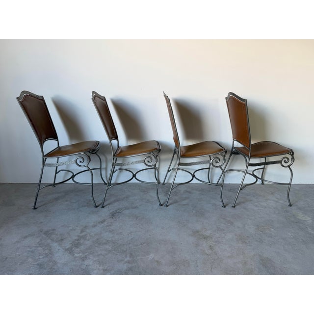 Palma Brava Wrought Iron & Brown Leather Dining Chairs – Set of 4 For Sale In Miami - Image 6 of 13
