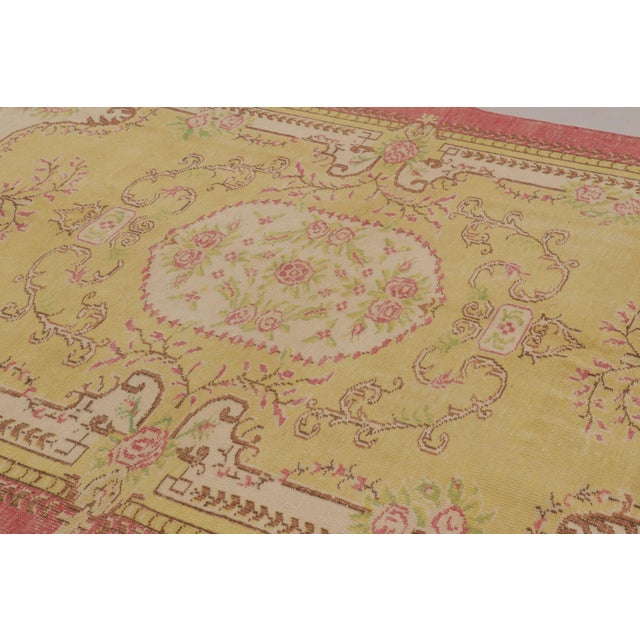Rug & Kilim Vintage Distressed Rug in Gold and Rose With Floral Cartouches - Rug & Kilim For Sale - Image 4 of 9