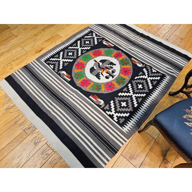 Vintage Mexican Serape Kilim Rug, Flat-Woven Medallion Pattern, Gray & Black, 5x7 For Sale - Image 12 of 14