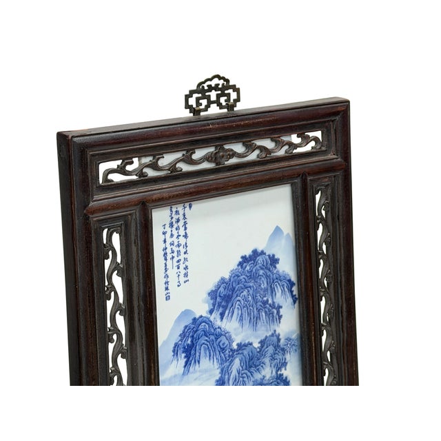 Blue Oriental Blue White Tree Mountain Scenery Porcelain Framed Wall Panel Art For Sale - Image 8 of 11