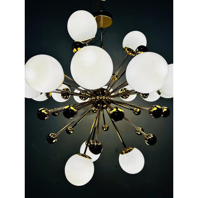 Vintage Italian Sputnik Chandelier in Brass and Opaline Glass, 1970s For Sale - Image 4 of 9
