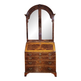 18th C English George II Burl Walnut Bureau Bookcase Secretary Desk For Sale