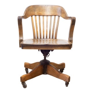 Antique Adjustablel Swivel Oak Desk Chair C.1940 For Sale