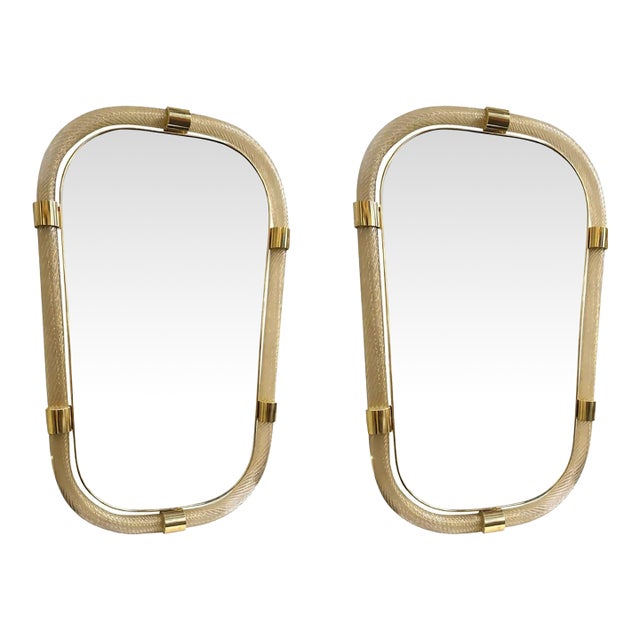 Pair of Gold Leaf Murano Glass Wall Mirrors, Italian “Torciglione” Design For Sale