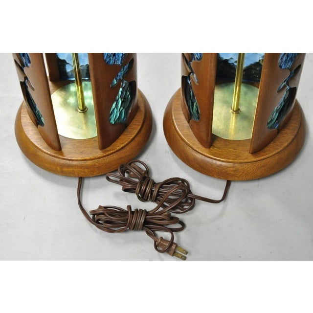 Vintage Modeline Mid Century Modern Walnut & Blue Stained Glass Table Lamps Pair For Sale - Image 10 of 14