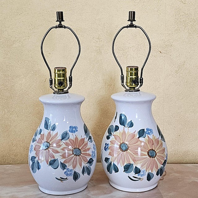 Contemporary Hand‑Painted Floral Ceramic Lamps W/ Faux Leather Shades – Pair For Sale In Washington DC - Image 6 of 18