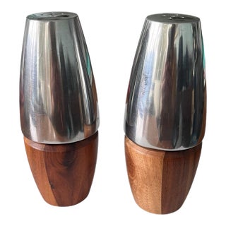 Vintage Dansk Salt & Pepper Shakers Metal Wood Mid Century Modern Minimalism- a Pair For Sale